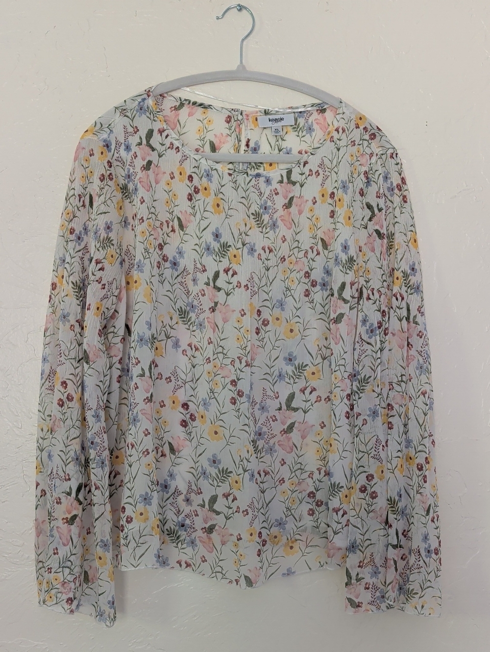 Kensie Sheer Floral Blouse in Cream with Pink, Yellow & Blue Blossoms